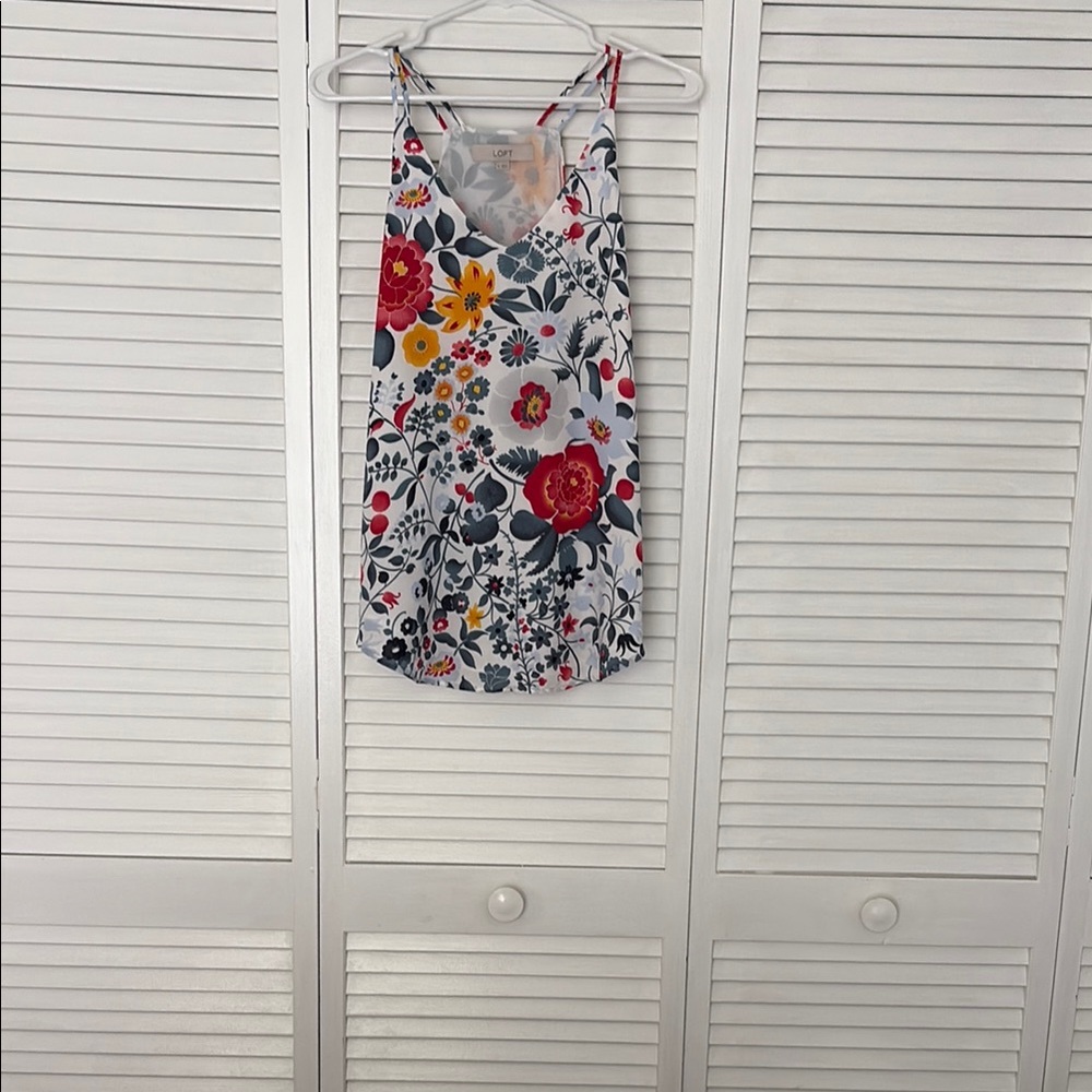 LOFT Floral Print Top with Slate Blue and Deep Red Accents